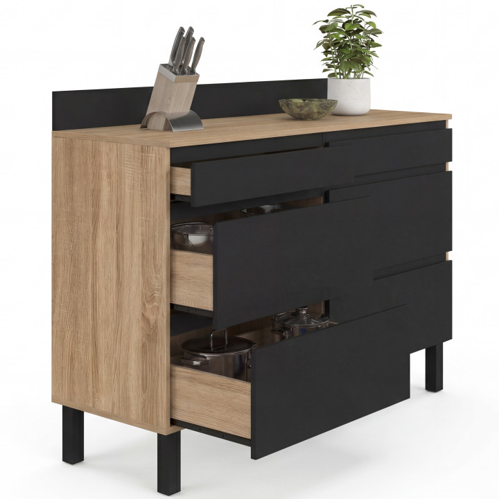 Aparador bajo de cocina con doble compartimento para ollas, 120 cm, modelo CLAUDE, encimera de 83 cm de altura, 6 cajones en mad