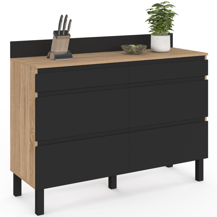 Laag keukenkastje met dubbele pannenlade, 120 cm, CLAUDE, werkblad, hoogte 83 cm, 6 lades, hout en zwart