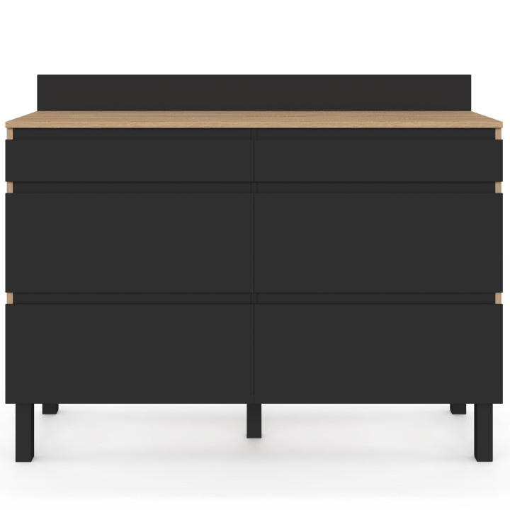 Credenza bassa da cucina a due ripiani per pentole, 120 cm, modello CLAUDE, piano di lavoro H. 83 cm, 6 cassetti in legno e nero