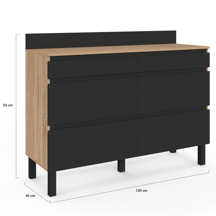 Aparador bajo de cocina con doble compartimento para ollas, 120 cm, modelo CLAUDE, encimera de 83 cm de altura, 6 cajones en mad