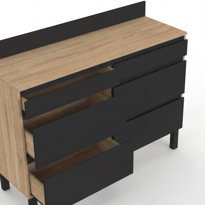 Laag keukenkastje met dubbele pannenlade, 120 cm, CLAUDE, werkblad, hoogte 83 cm, 6 lades, hout en zwart