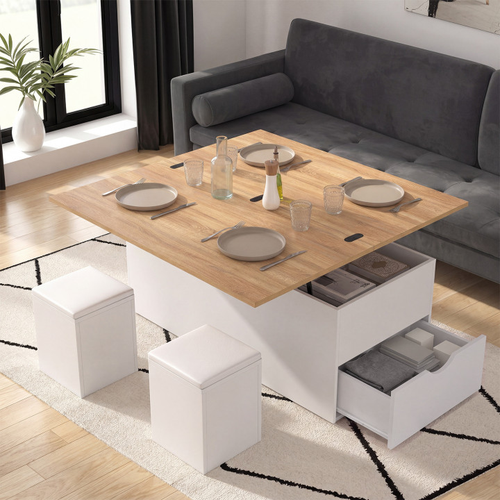 Table basse plateau relevable convertible en table à manger ELEA 100 cm avec 2 poufs et tiroir bois blanc et façon hêtre