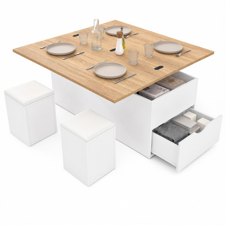 Couchtisch mit hochklappbarer Platte, umwandelbar in einen Esstisch ELEA 100 cm mit 2 Hockern und Schublade Holz weiß und Buchen