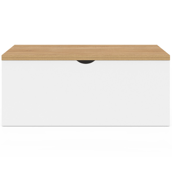 Mesa de centro con tablero elevable convertible en mesa de comedor ELEA de 100 cm con 2 reposapiés y cajón, acabado en madera bl