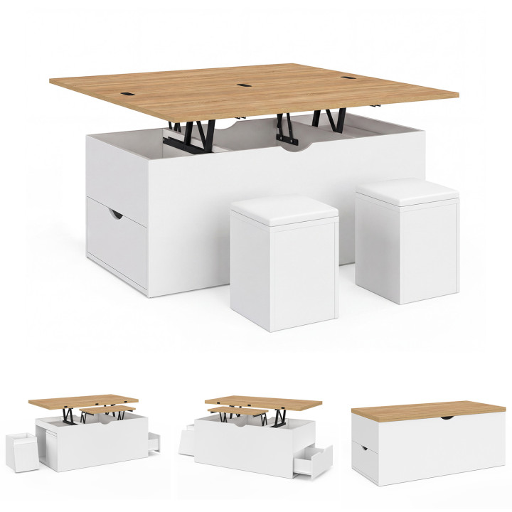 Table basse plateau relevable convertible en table à manger ELEA 100 cm avec 2 poufs et tiroir bois blanc et façon hêtre