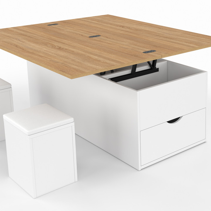 Table basse plateau relevable convertible en table à manger ELEA 100 cm avec 2 poufs et tiroir bois blanc et façon hêtre