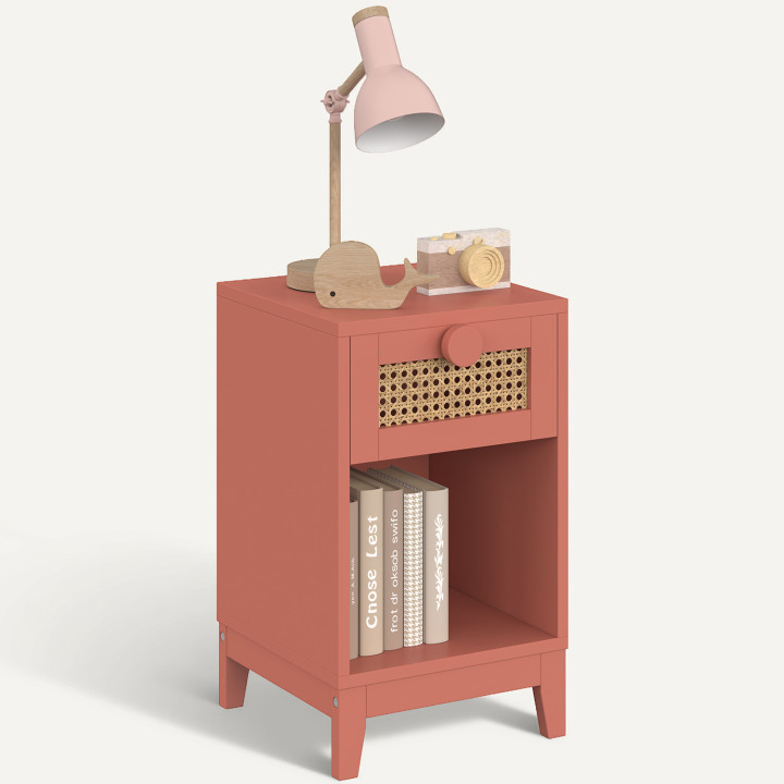 Comodino per bambini ADELIE, 1 cassetto in canna + 1 nicchia rosa antico