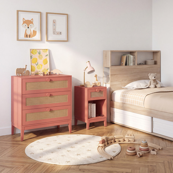 Comodino per bambini ADELIE, 1 cassetto in canna + 1 nicchia rosa antico