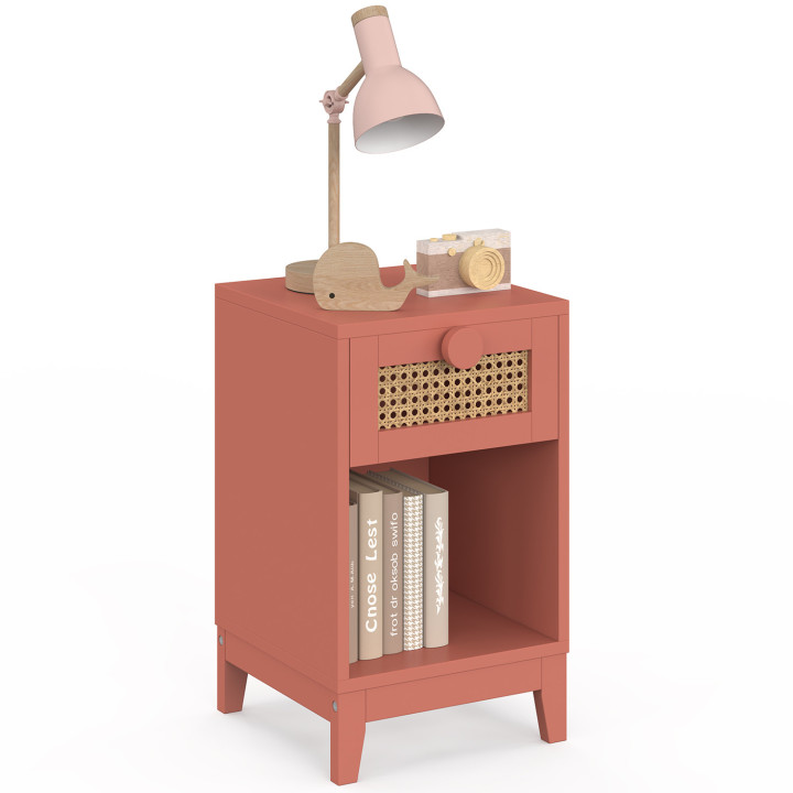 Comodino per bambini ADELIE, 1 cassetto in canna + 1 nicchia rosa antico