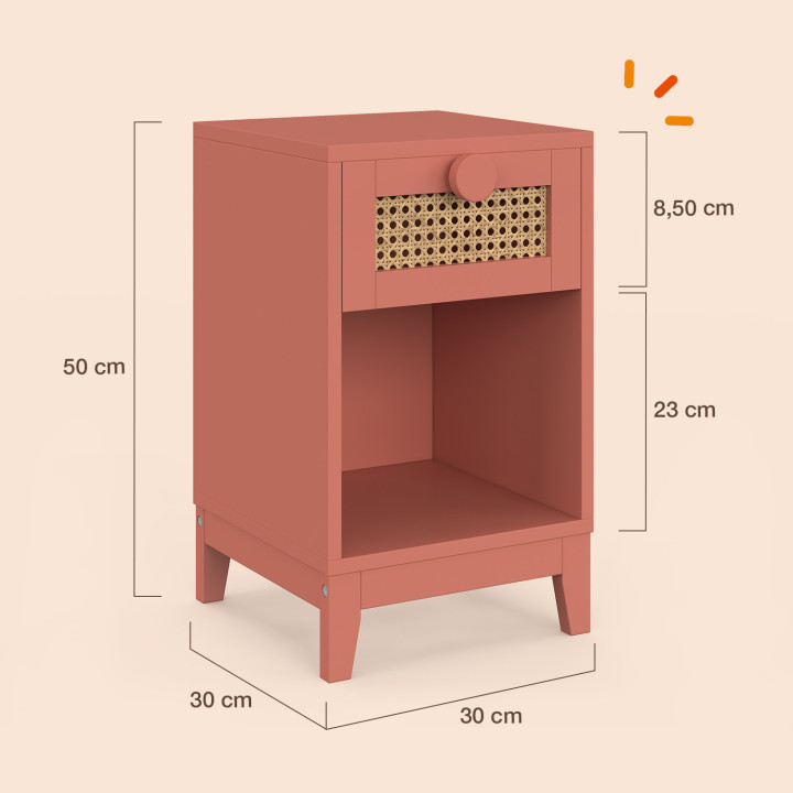 Comodino per bambini ADELIE, 1 cassetto in canna + 1 nicchia rosa antico