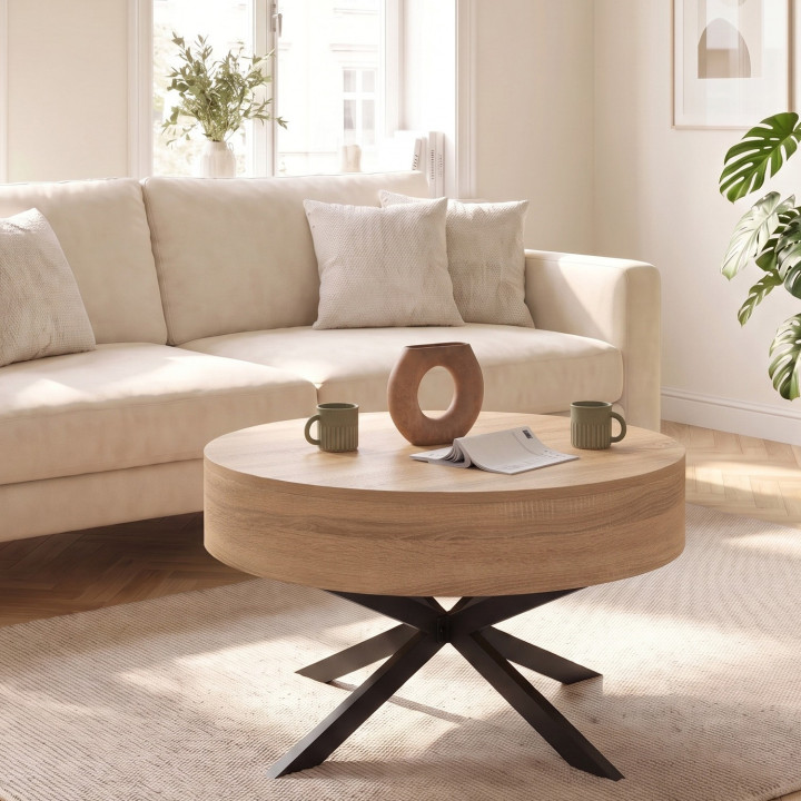 Table basse plateau relevable ronde ALIX 70 cm pied araignée bois et noir