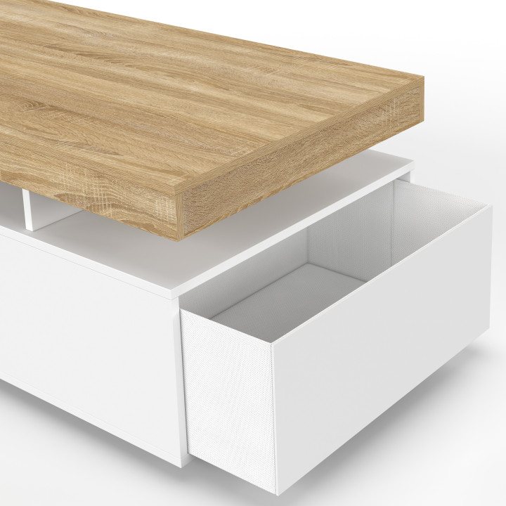 Mesa de centro rectangular con 2 cajones blancos y tablero con acabado de haya - ELSA