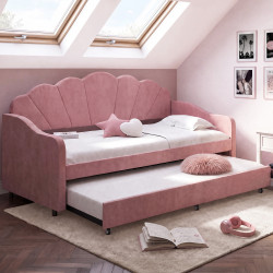 Ausziehbare Schlafcouch „AMANDA“ in Muschelform, 2 x 90 x 190 cm, mit 2 Lattenrosten in puderrosa Samt