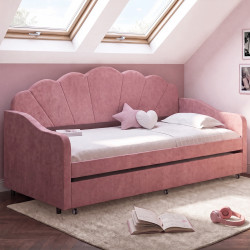 AMANDA uitschuifbaar bankbed in schelpvorm 2 x 90 x 190 cm met 2 bedbodems in poederroze fluweel