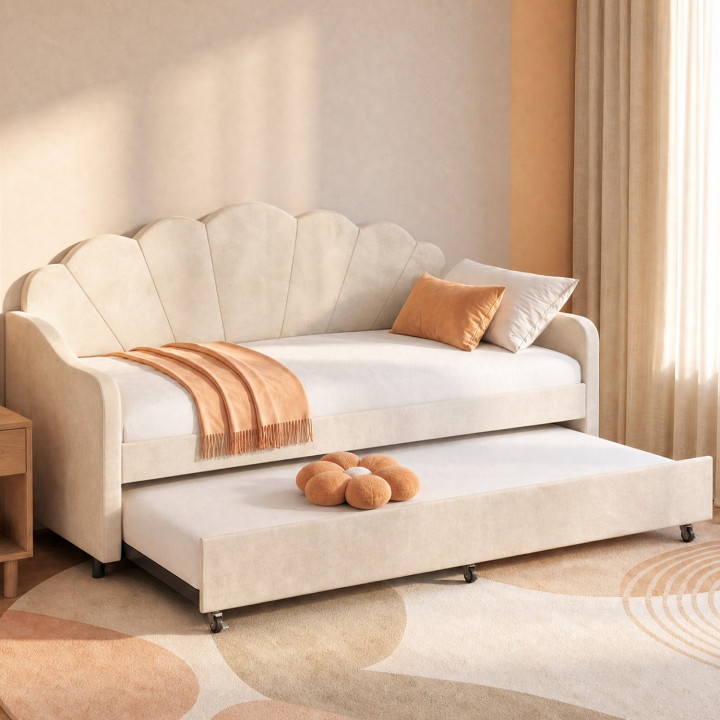 AMANDA uitschuifbaar bankbed in schelpvorm, 2 x 90 x 190 cm, met 2 beige fluwelen lattenbodems