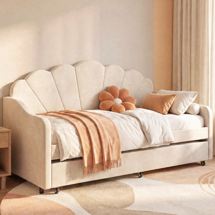 Ausziehbare Schlafcouch „AMANDA“ im Muschel-Design, 2 x 90 x 190 cm, mit 2 beigen Velours-Lattenrosten
