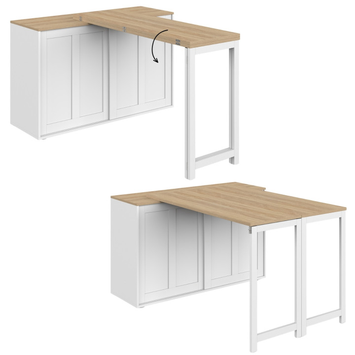 Buffet extensible 120 cm 2 portes coulissantes avec table à manger rotative et pliable JANGO 2 à 4 personnes blanc et bois