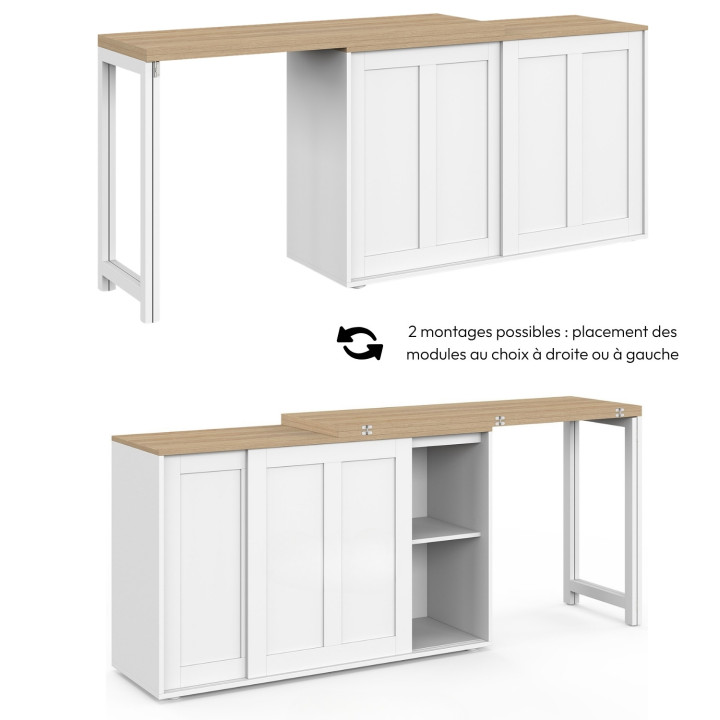 Buffet extensible 120 cm 2 portes coulissantes avec table à manger rotative et pliable JANGO 2 à 4 personnes blanc et bois