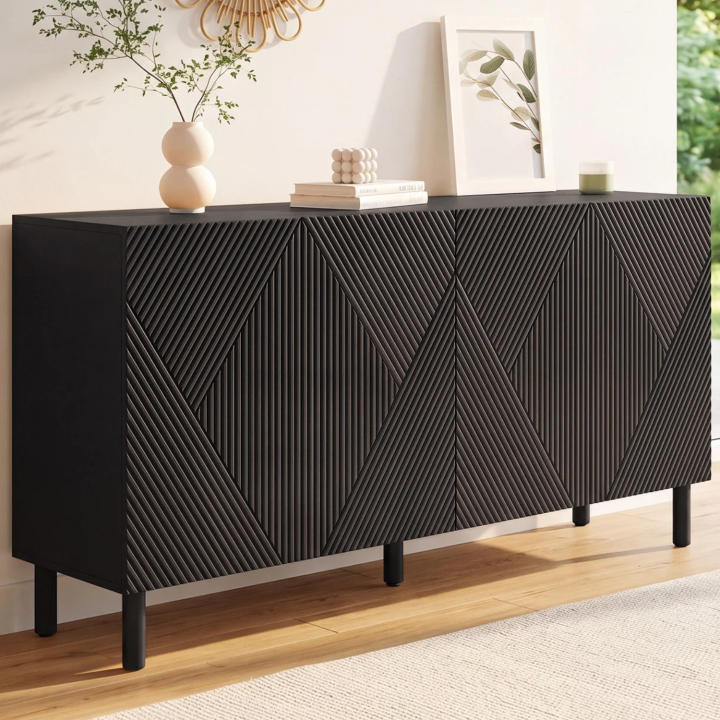 Aparador HIMARA 160 cm, 4 puertas, listones geométricos de madera negra