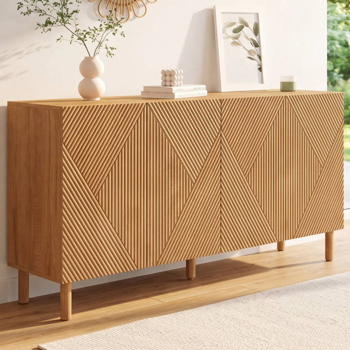 Buffet 160 cm HIMARA 4 portes lattes géométriques bois clair