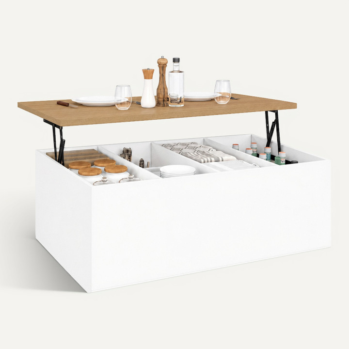Table basse plateau relevable rectangulaire ELEA 100 cm avec grand coffre bois blanc et façon hêtre