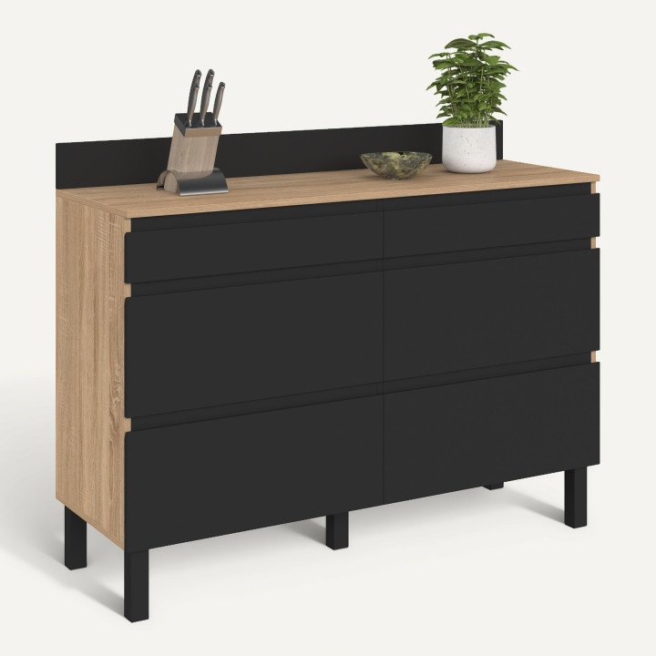 Buffet bas double casserolier de cuisine 120 cm CLAUDE plan de travail H. 83 cm 6 tiroirs bois et noir