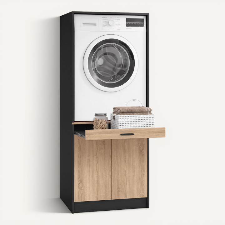 Mueble elevador para lavadora o secadora WALLIS con bandeja deslizante para la cesta de la ropa y armario en negro y madera