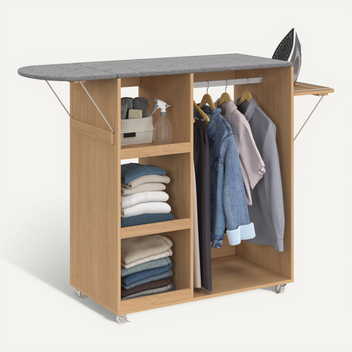 Table à repasser pliable à roulettes avec étagères réglables et barre de penderie façon hêtre