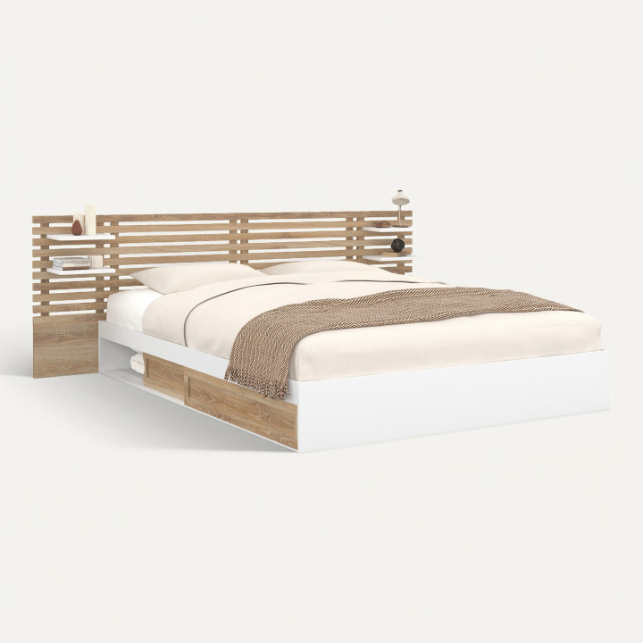Letto matrimoniale SAVANA con testata, comodini, contenitore e rete 180 x 200 cm in faggio e bianco