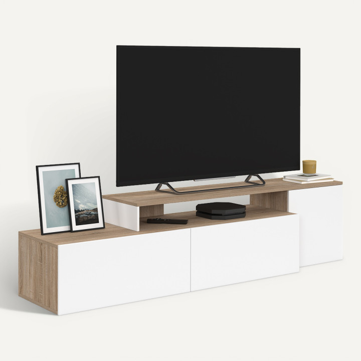 Mobile TV modulare 180-240 cm ad angolo rotante in legno e bianco - BASILE