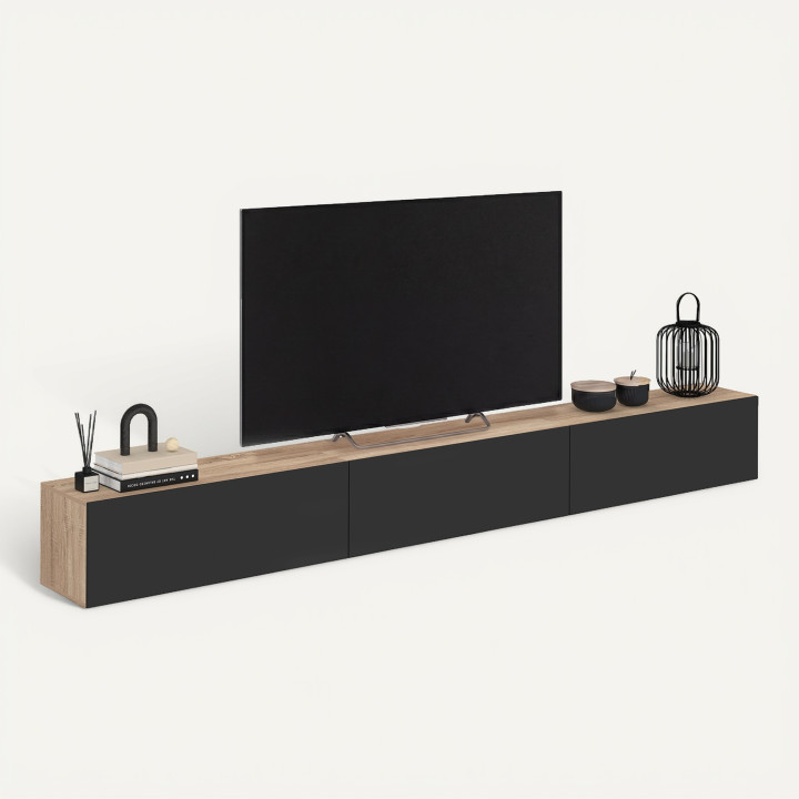 Meuble TV 270 cm suspendu 3 portes bois et noir - ELIO