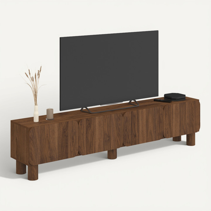 Mobile TV da 180 cm SARANDA con 4 ante arrotondate in legno effetto noce