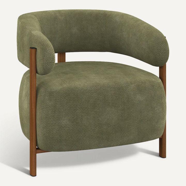 ALBERT fauteuil in groene chenille stof met donkerhouten poten