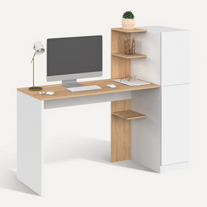Scrivania con armadio portaoggetti 140x50 cm NICO, ripiani bianchi e in legno