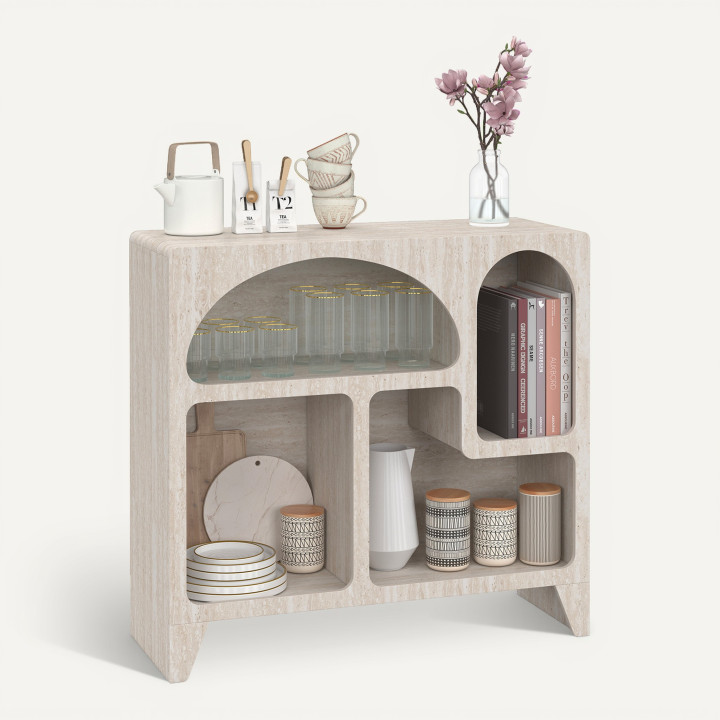 Buffet organique 80 cm 4 niches meuble de rangement effet travertin - ALESIA