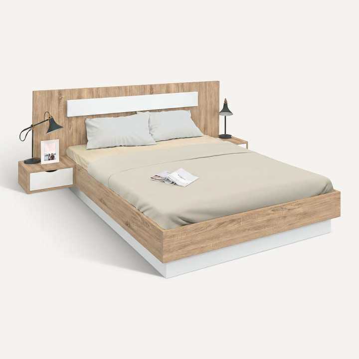 Doppelbett 140x190 Holz und Weiß mit Kopfteil und Nachttischen - SANTA