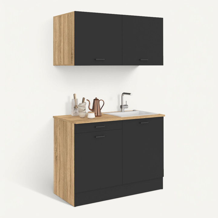 Cocina completa tipo «kitchenette» de 120 cm de STIL con encimera de tres elementos en madera y negro