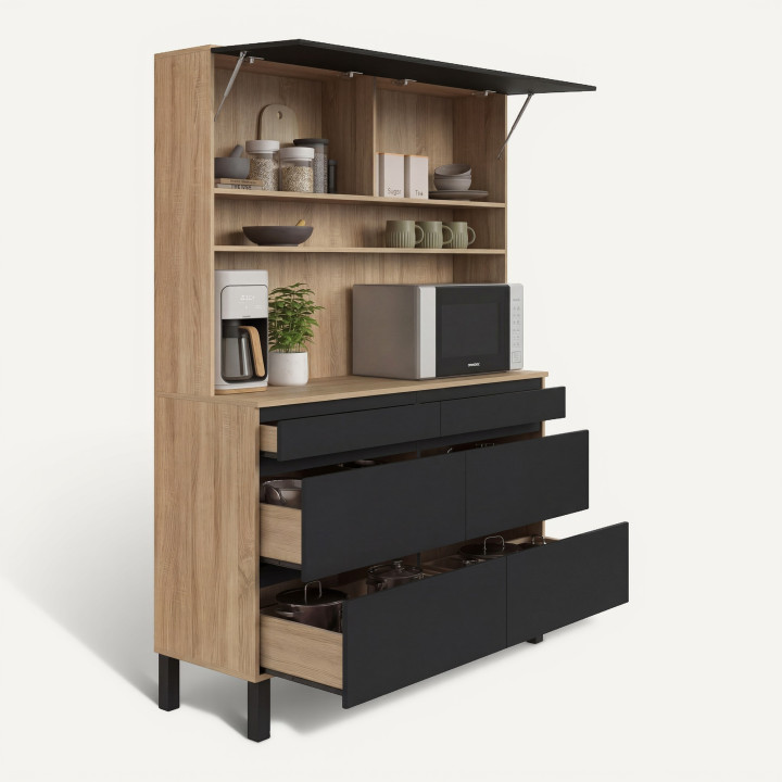 Credenza da cucina a doppia panca per pentole da 120 cm CLAUDE, 6 cassetti + 1 armadio in legno e nero