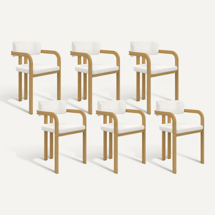 Set di 6 sedie da pranzo e poltroncine da tavolo ESMA in metallo effetto legno e tessuto bouclette con braccioli