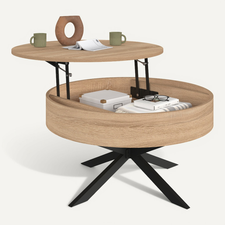 Table basse plateau relevable ronde ALIX 70 cm pied araignée bois et noir