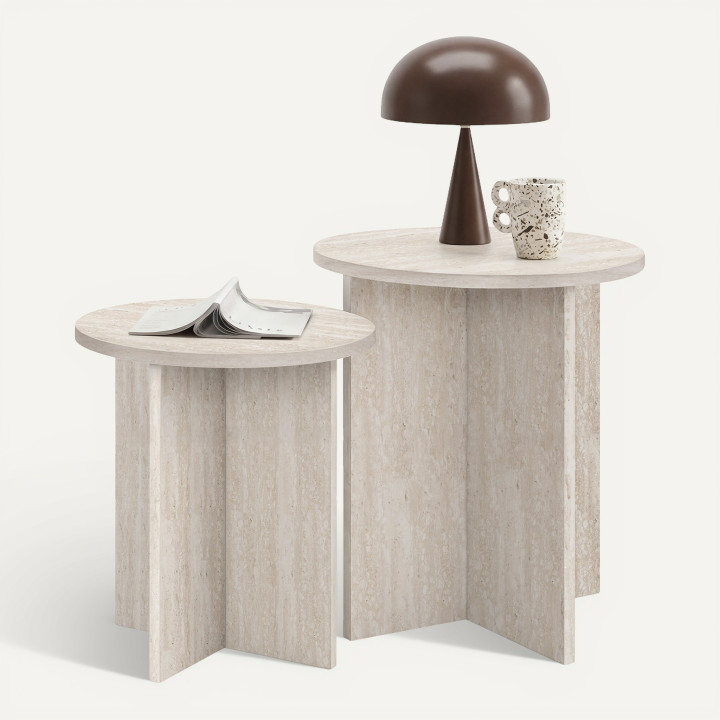Lot de 2 tables d'appoint rondes, bouts de canapé, tables de chevet MARTHE 35/40 cm bois effet travertin