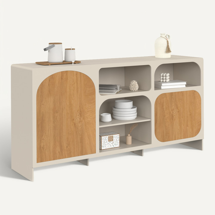 Sideboard 160 cm ATHENA, 2 Türen, 4 Fächer, organisches Design, beige, Holzoptik