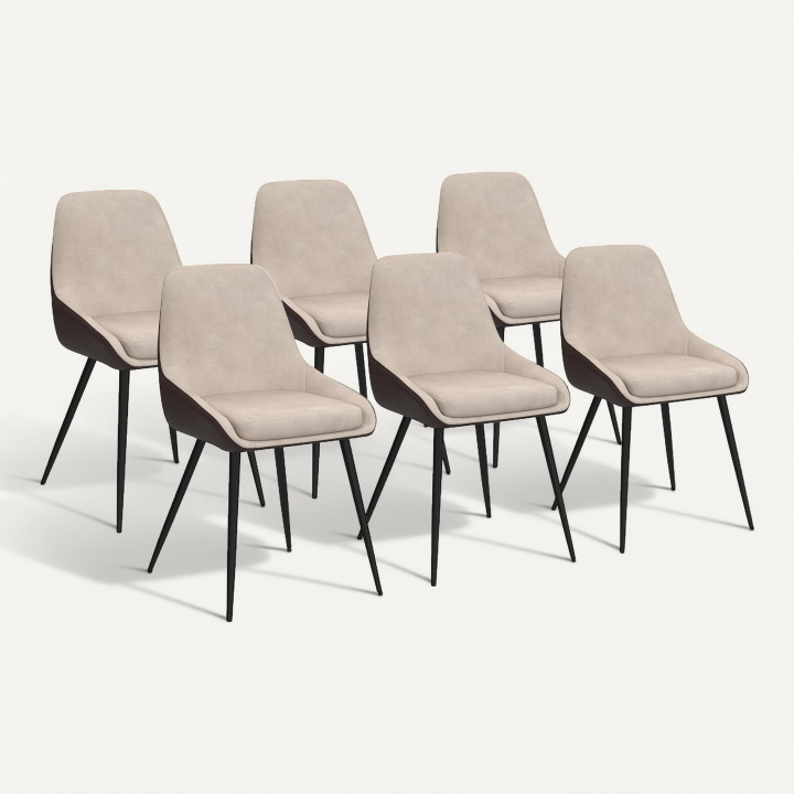 Lot de 6 chaises bi-matière en tissu et PU marron et taupe pour salle à manger - THALYA