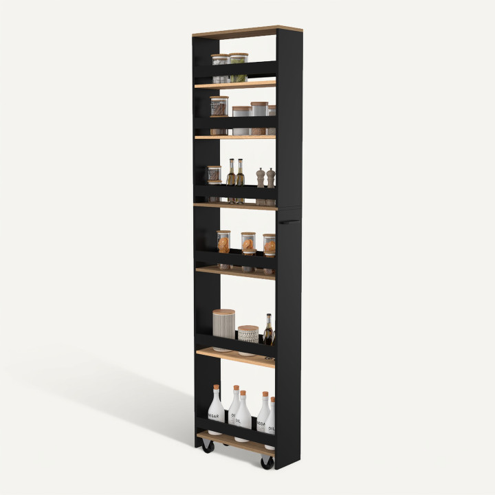 Carro de cocina compacto HAGA con 6 estantes, negro y imitación de haya. Altura: 177 cm