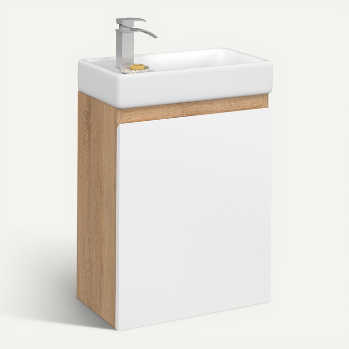 Meuble lave-mains suspendu WC TOMI 1 porte façon hêtre et blanc avec vasque céramique blanche