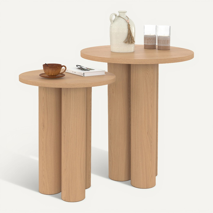 Set van 2 ronde bijzettafels, salontafels, nachtkastjes ELOISE 35/40 cm, hout met beukeneffect