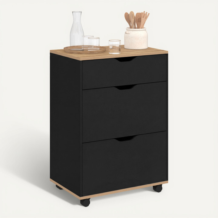 Mobile da cucina da 60 cm COSY con 3 cassetti, finitura faggio e nero