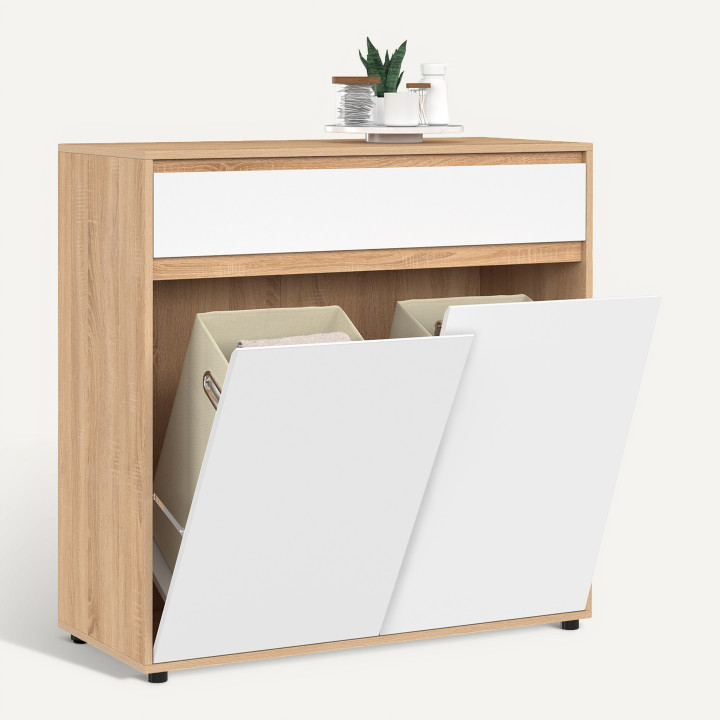 TOMI 2-deurs badmeubel met 2 uitneembare wasmanden en 1 lade, afwerking beuken en wit