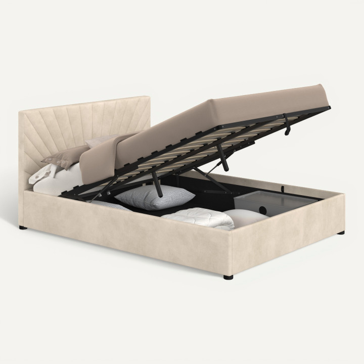 Lit coffre double SUNLIGHT avec tête de lit matelassée et sommier 140 x 190 cm velours beige