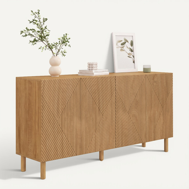 Buffet 160 cm HIMARA 4 portes lattes géométriques bois clair